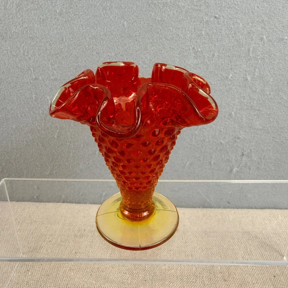 VTG‎ Signed Fenton Amberina Hobnail Ruffled Vase 5